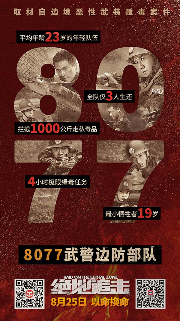 取材自边境恶性武装贩毒案件，由邱礼涛监制并执导，欧豪、谷嘉诚、俞灏明、阿如那、黄尧领衔主演的犯罪灾难电影《绝地追击》将于8月25日全国上映，目前预售已开启。今日，影片发布了“向死而生”版终极预告及海报